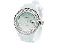 Crell SOLAR-betriebene Uhr mit Silikonarmband & Strass-Steinen, weiß; Unisex-Silikon-Armbanduhren 